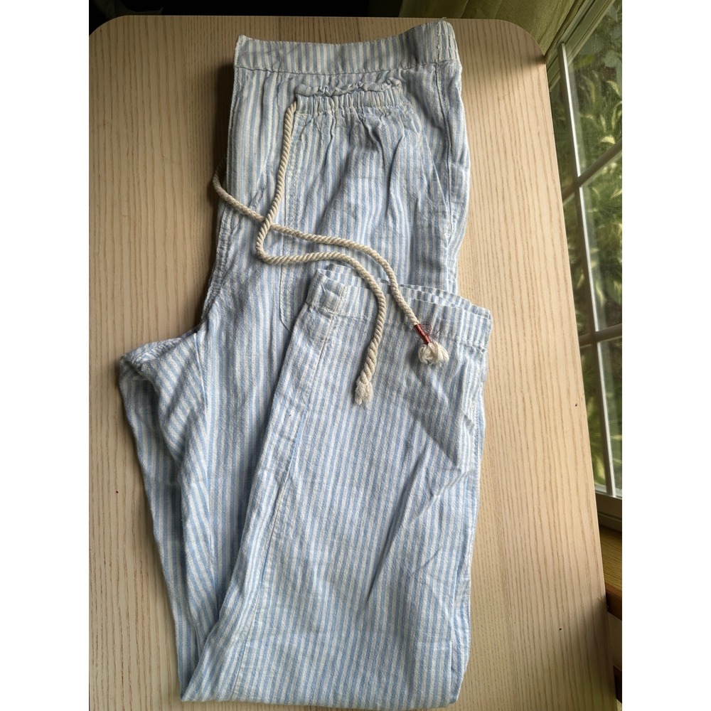Anthropologie Blue White Striped Linen Blend Rope Drawstring Pants XS Seersucker